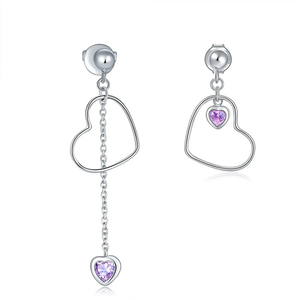 925 Sterling Silver Dangle Drop Pink Heart Earrings XFE8152