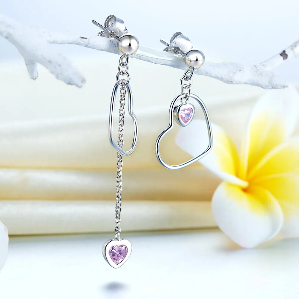 925 Sterling Silver Dangle Drop Pink Heart Earrings XFE8152