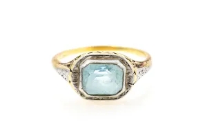 Antique Aquamarine Bezel Set Cocktail 14k 585 Two Tone Ring Size 6 WORN