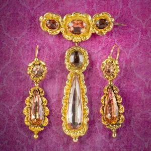 Antique Georgian Brooch And Earrings Set 18ct Gold Pink Quartz And Paste Circa 1800