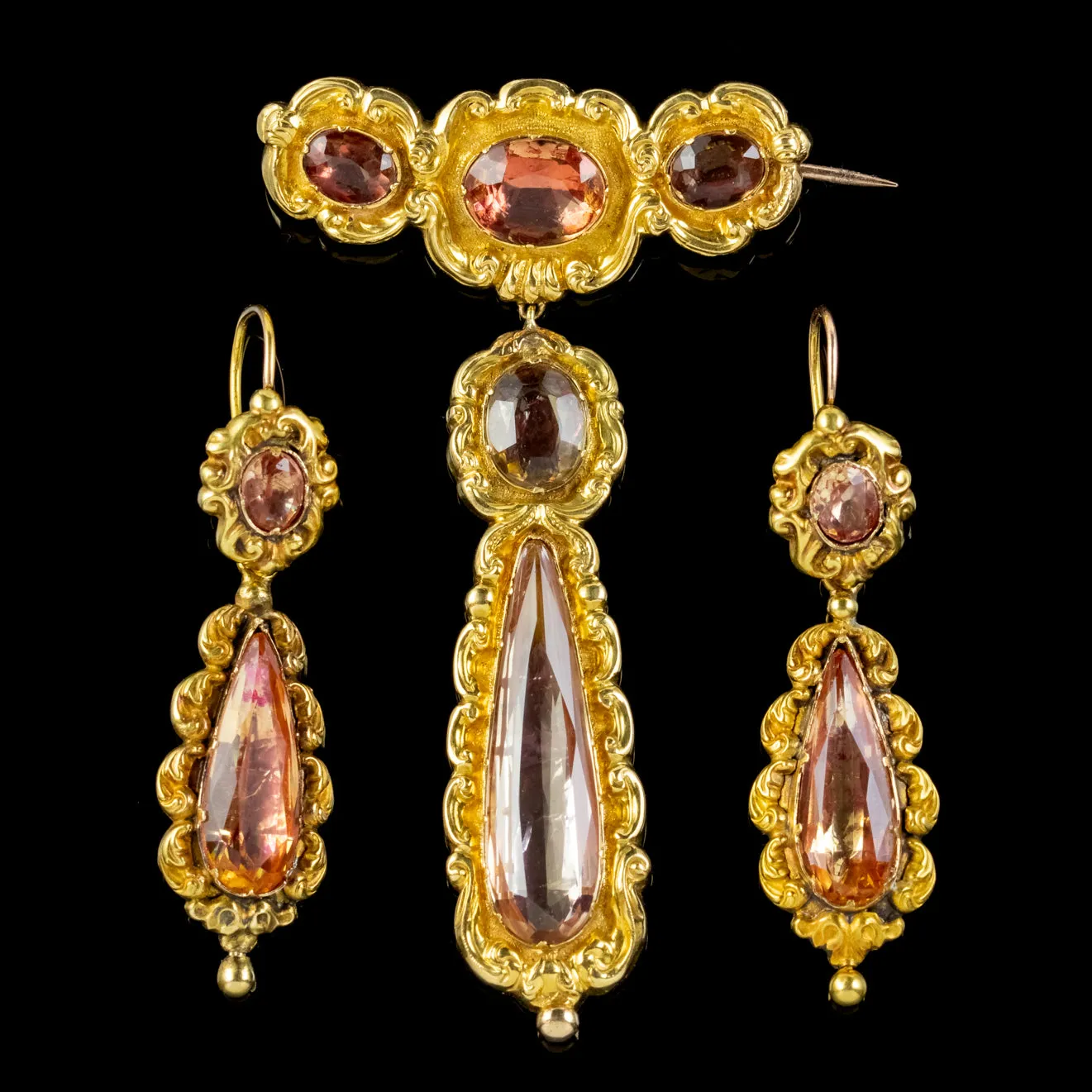 Antique Georgian Brooch And Earrings Set 18ct Gold Pink Quartz And Paste Circa 1800