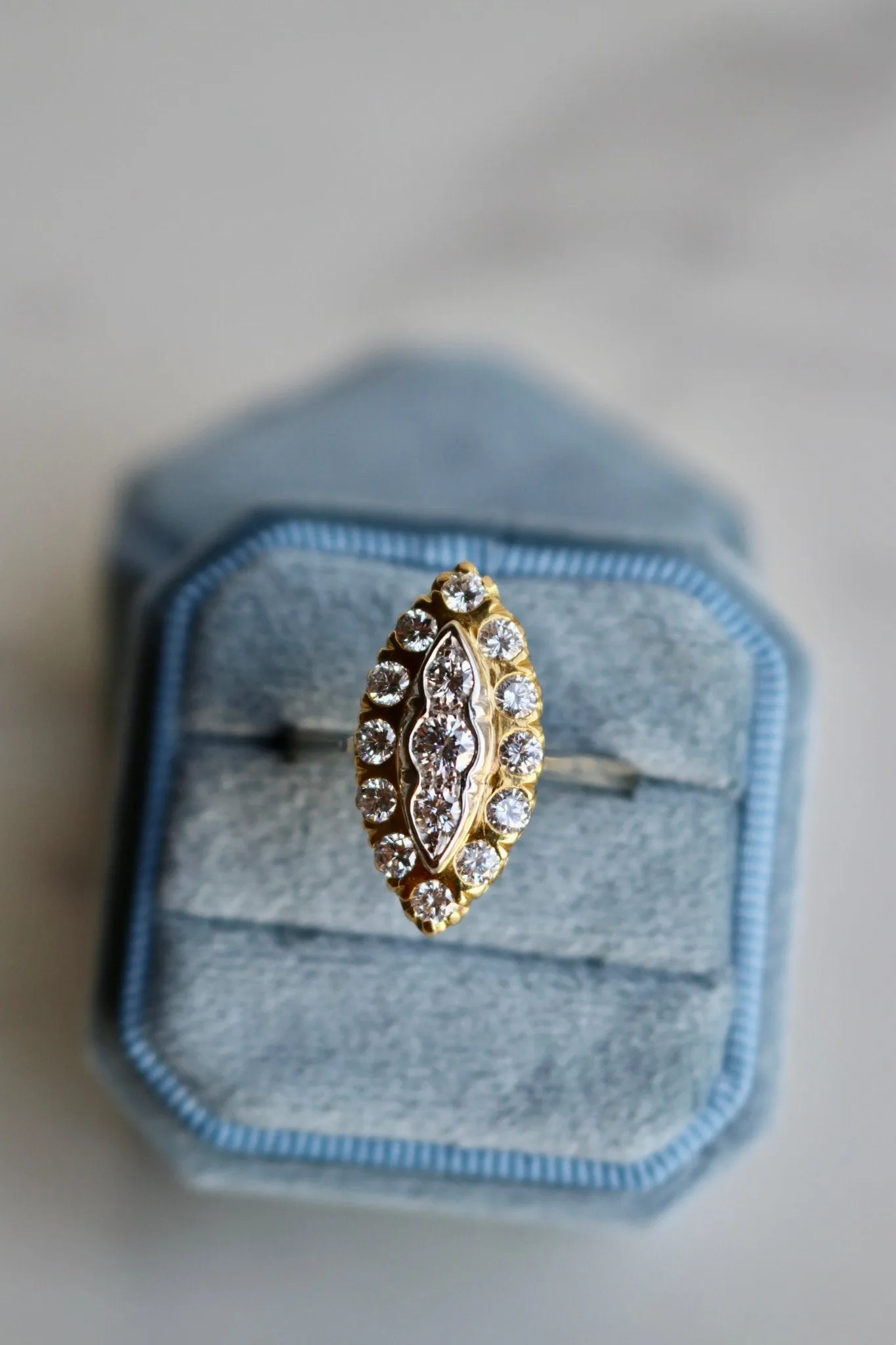 Antique Inspired French Diamond 18k Two Tone Navette Ring