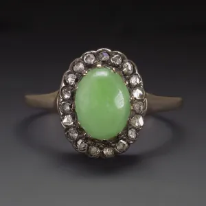 ANTIQUE JADE DIAMOND COCKTAIL RING VICTORIAN HALO ROSE CUT NATURAL ESTATE OVAL