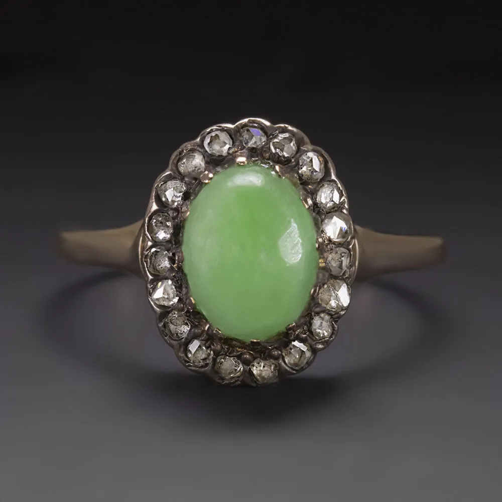 ANTIQUE JADE DIAMOND COCKTAIL RING VICTORIAN HALO ROSE CUT NATURAL ESTATE OVAL