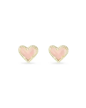 Ari Heart Gold Stud Earrings in Rose Quartz