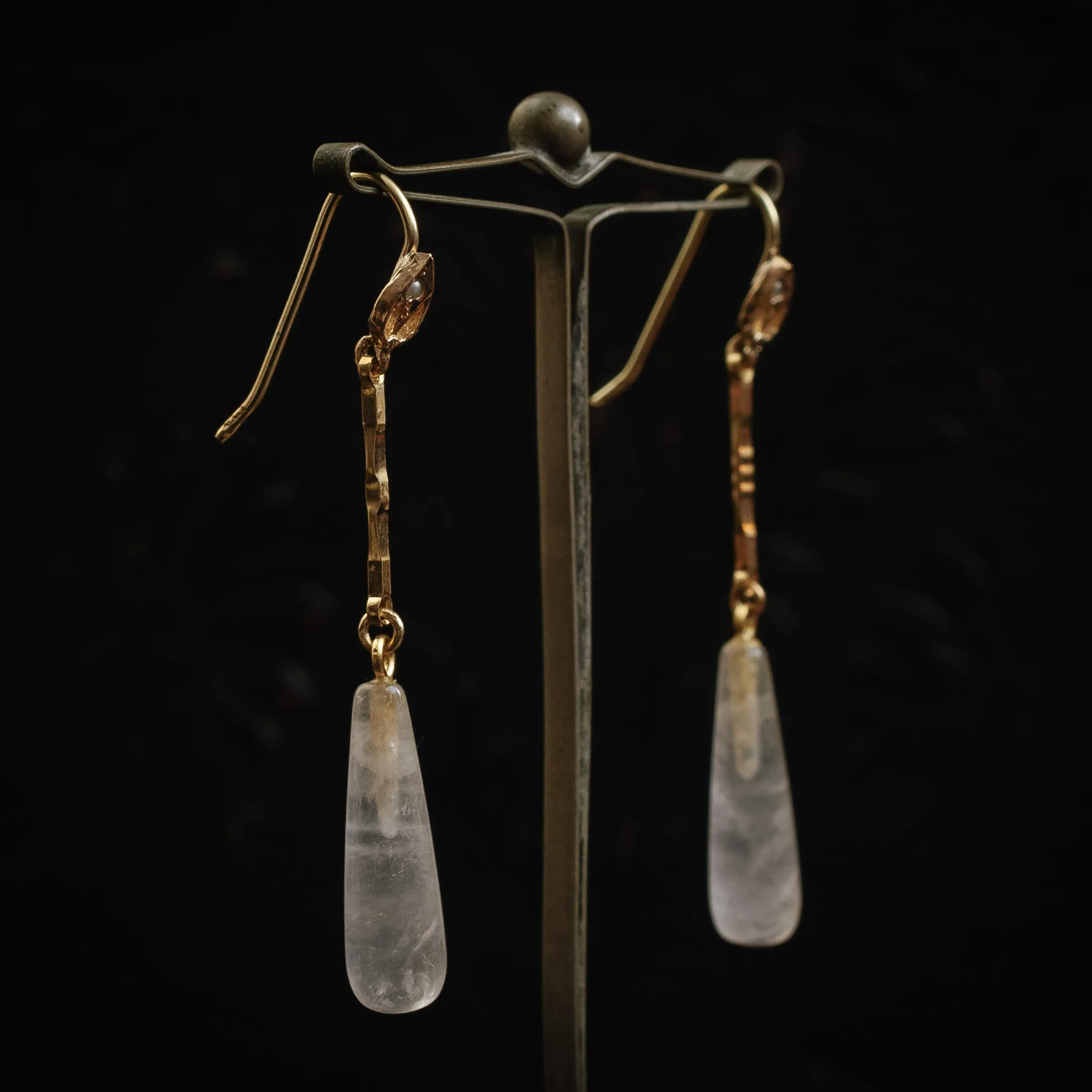 Art Nouveau Inspired Rose Quartz and Seed Pearl Drop Earrings