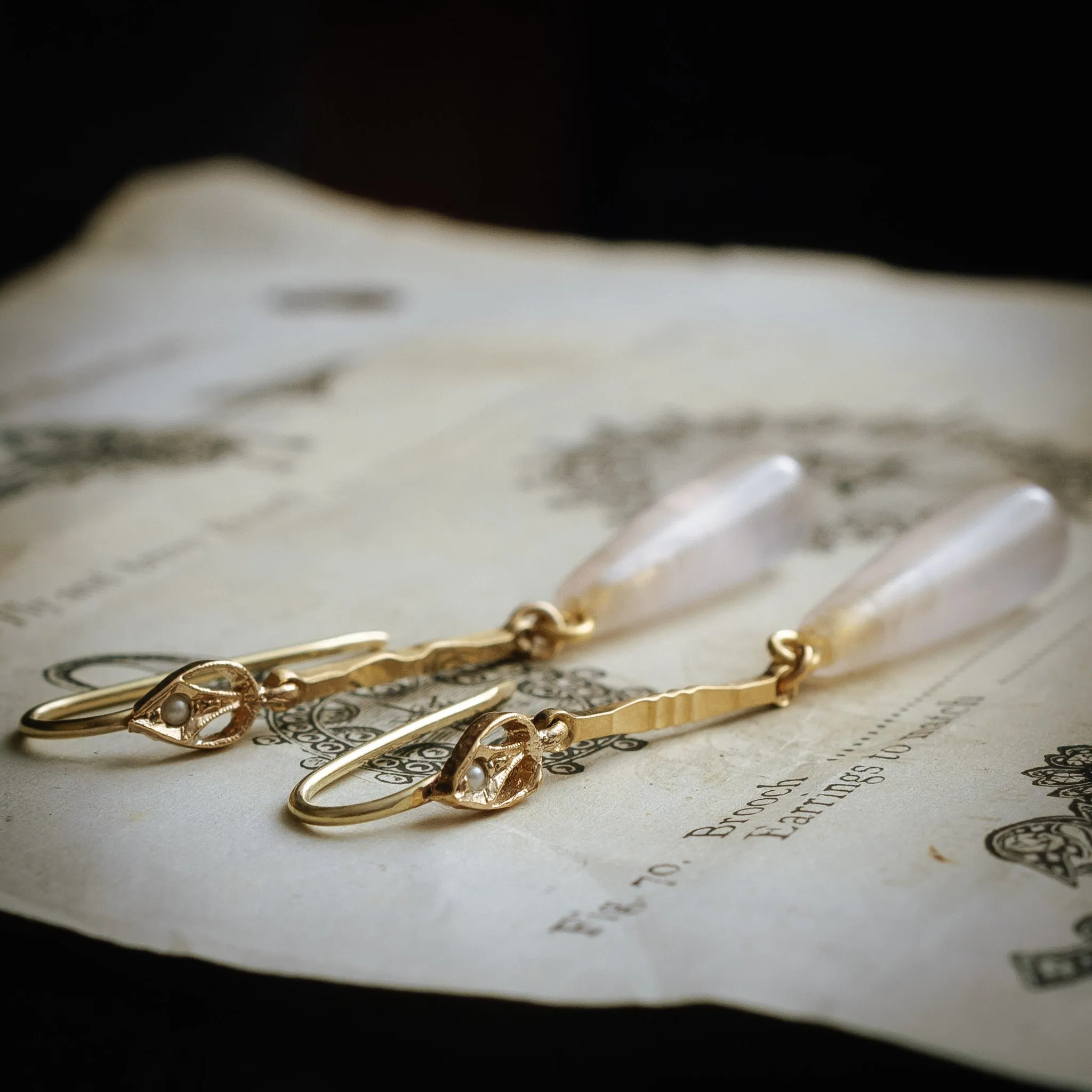 Art Nouveau Inspired Rose Quartz and Seed Pearl Drop Earrings