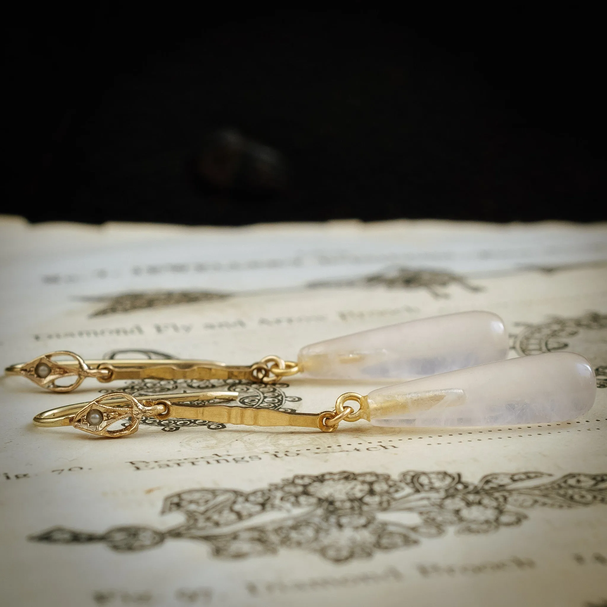 Art Nouveau Inspired Rose Quartz and Seed Pearl Drop Earrings