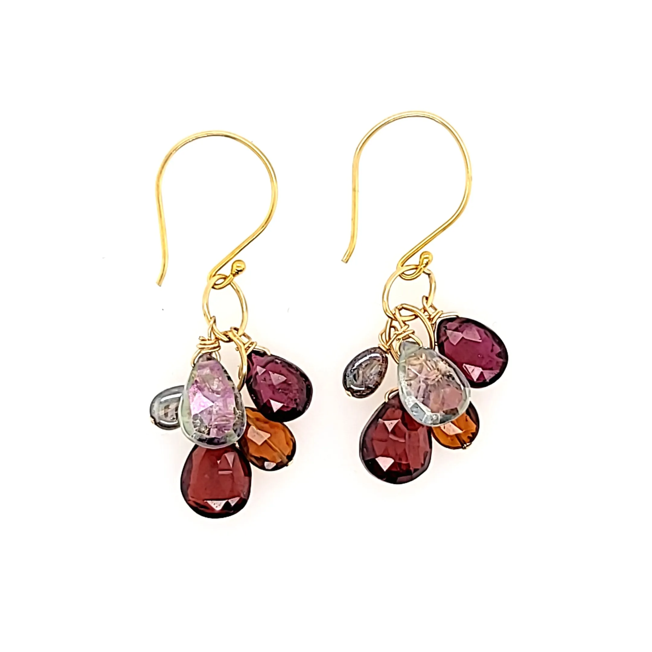 AVF Gold Garnet, Spinel, Topaz, Tahitian Pearl & Tourmaline Cluster Earrings (SI2905)