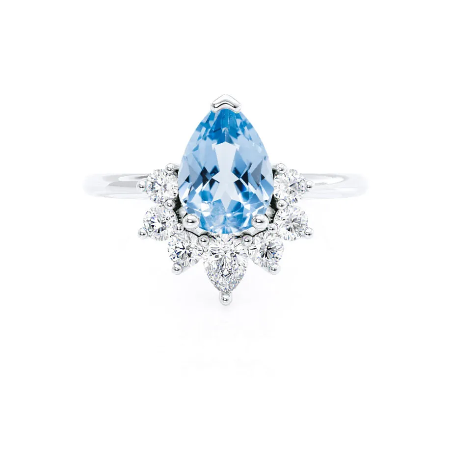 BALLET - Chatham® Pear Aqua Spinel & Diamond Half Halo Tiara Ring 18k White Gold