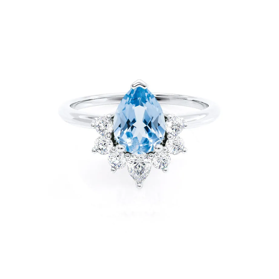 BALLET - Chatham® Pear Aqua Spinel & Diamond Half Halo Tiara Ring 18k White Gold