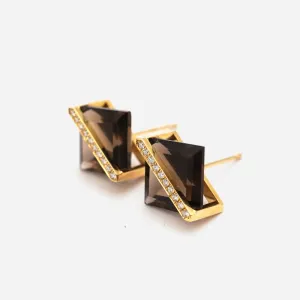 Band 18K & 10K Gold Earrings w. Smoky Quartz & Diamonds