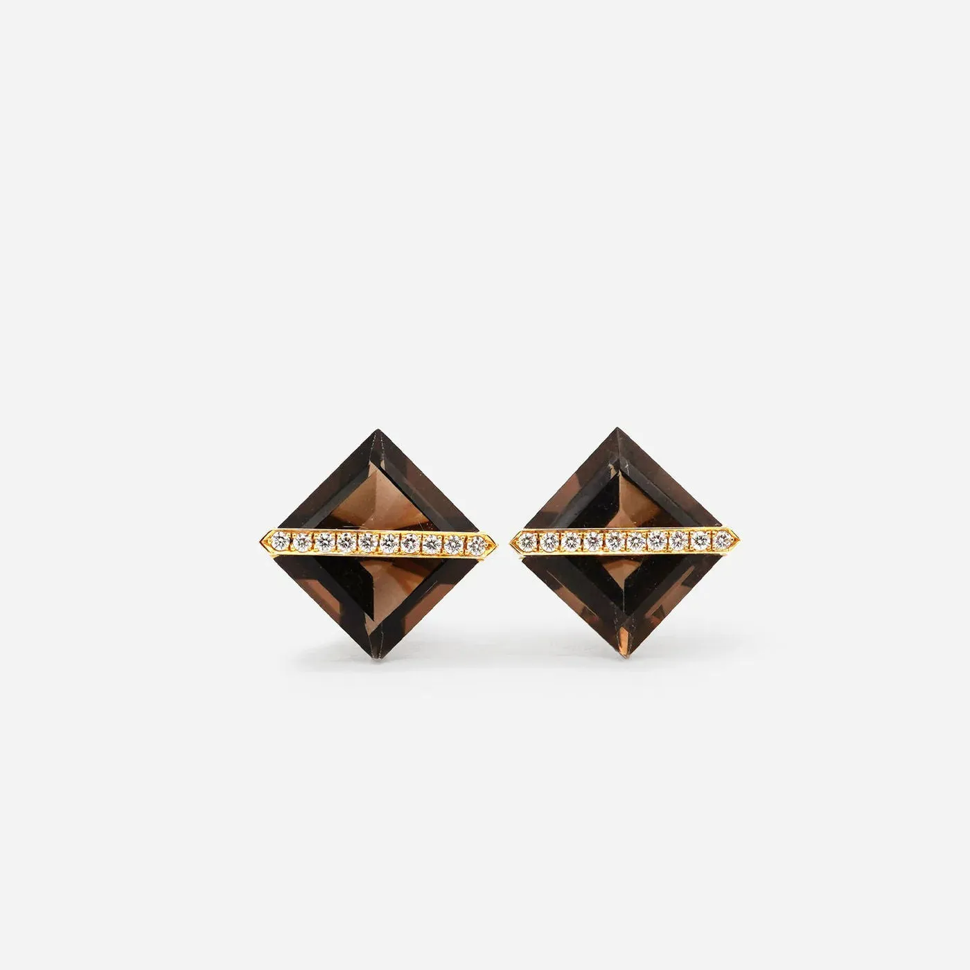 Band 18K & 10K Gold Earrings w. Smoky Quartz & Diamonds