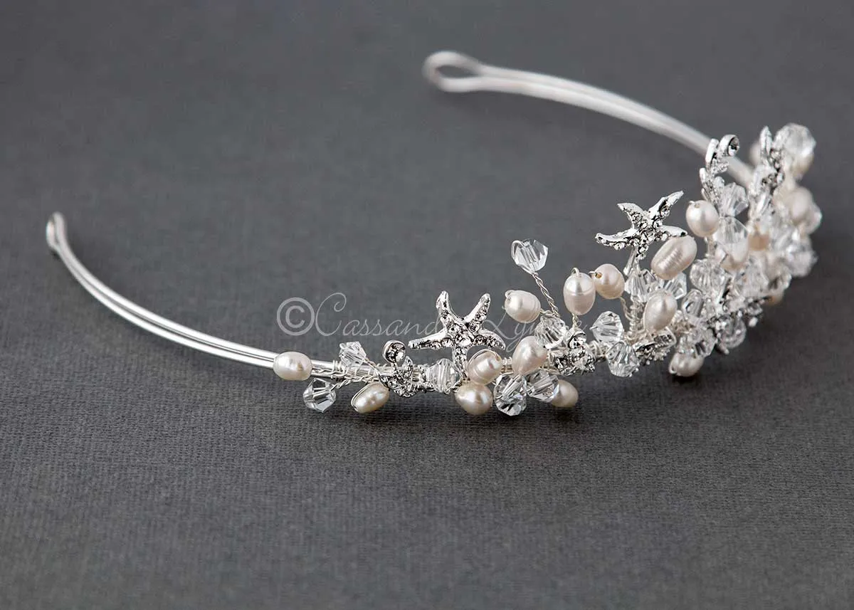 Beach Tiara of Crystal Starfish and Freshwater Pearls