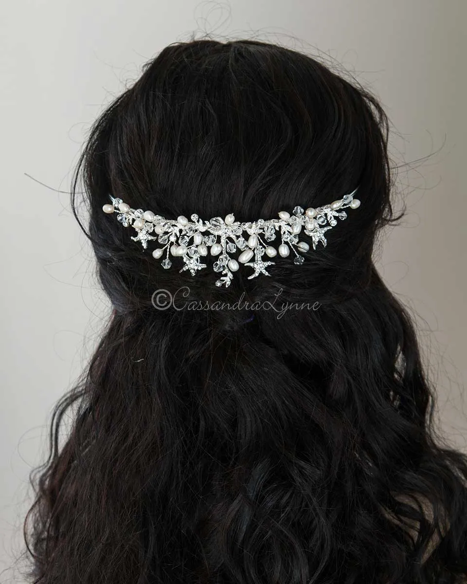 Beach Tiara of Crystal Starfish and Freshwater Pearls