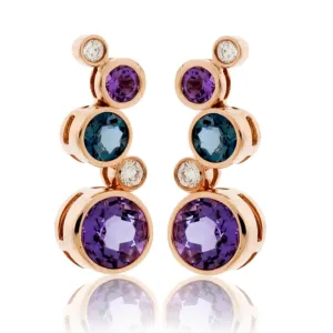 Bezel Set Round Amethyst, Blue Topaz & Diamond Floating Bubble Earrings