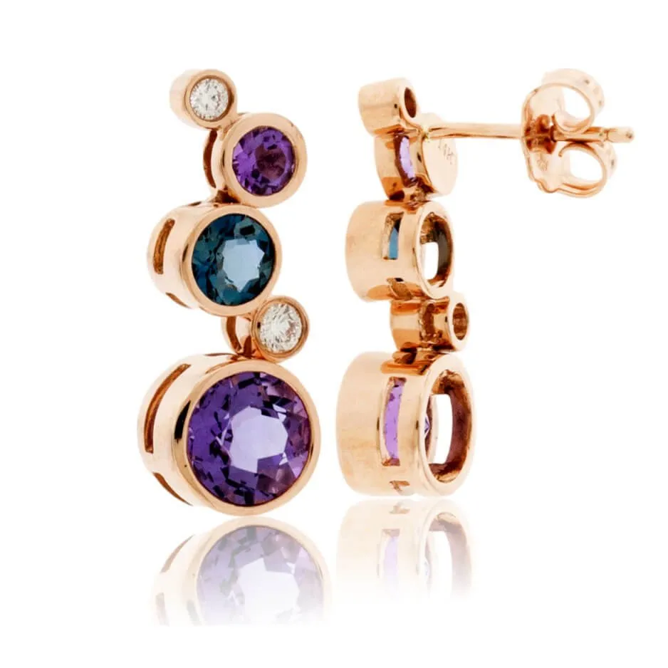 Bezel Set Round Amethyst, Blue Topaz & Diamond Floating Bubble Earrings