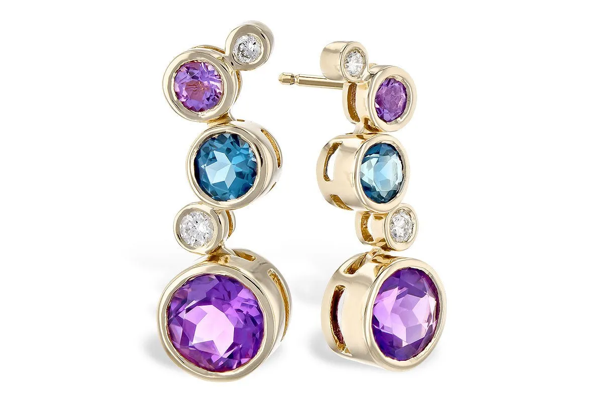 Bezel Set Round Amethyst, Blue Topaz & Diamond Floating Bubble Earrings