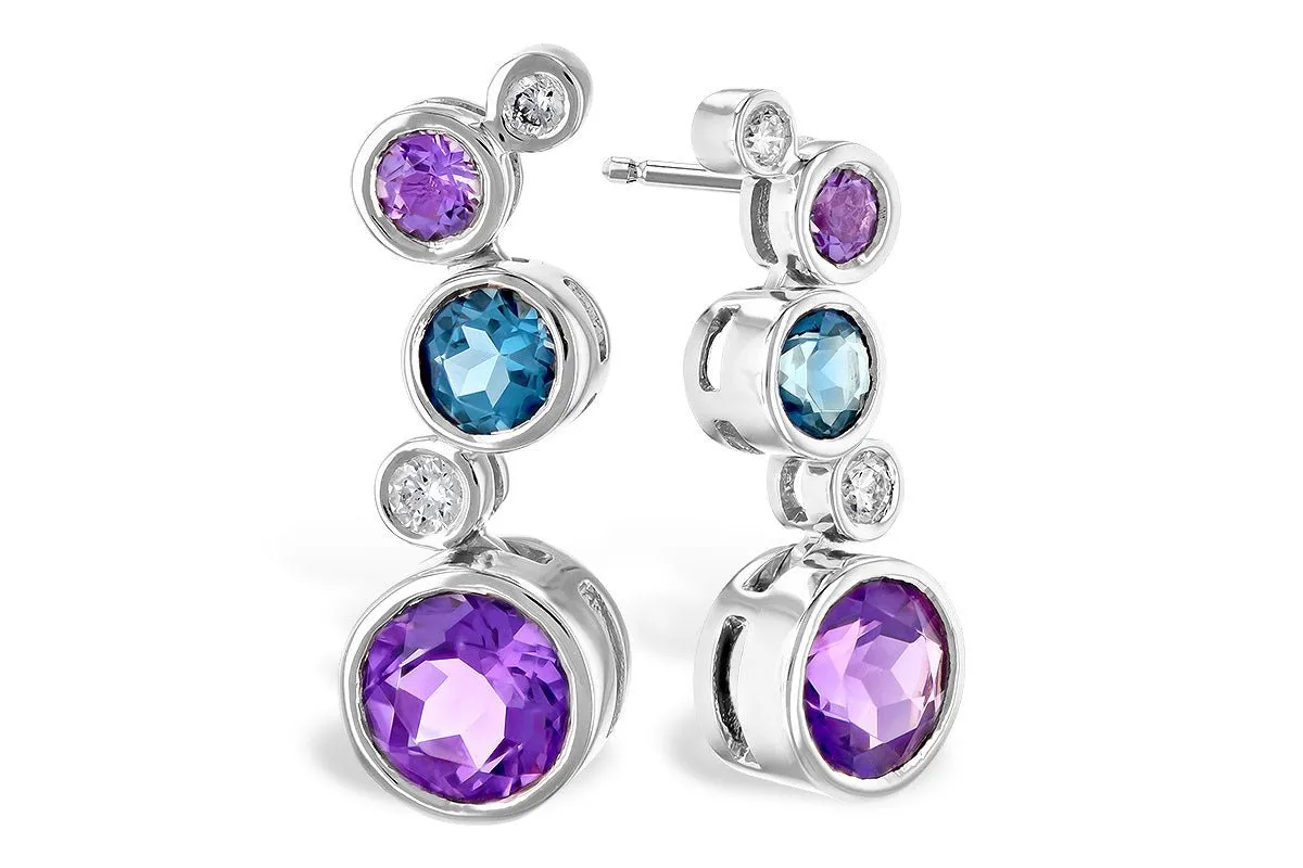 Bezel Set Round Amethyst, Blue Topaz & Diamond Floating Bubble Earrings