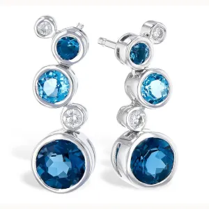 Bezel Set Round Blue Topaz & Diamond Floating Bubble Earrings