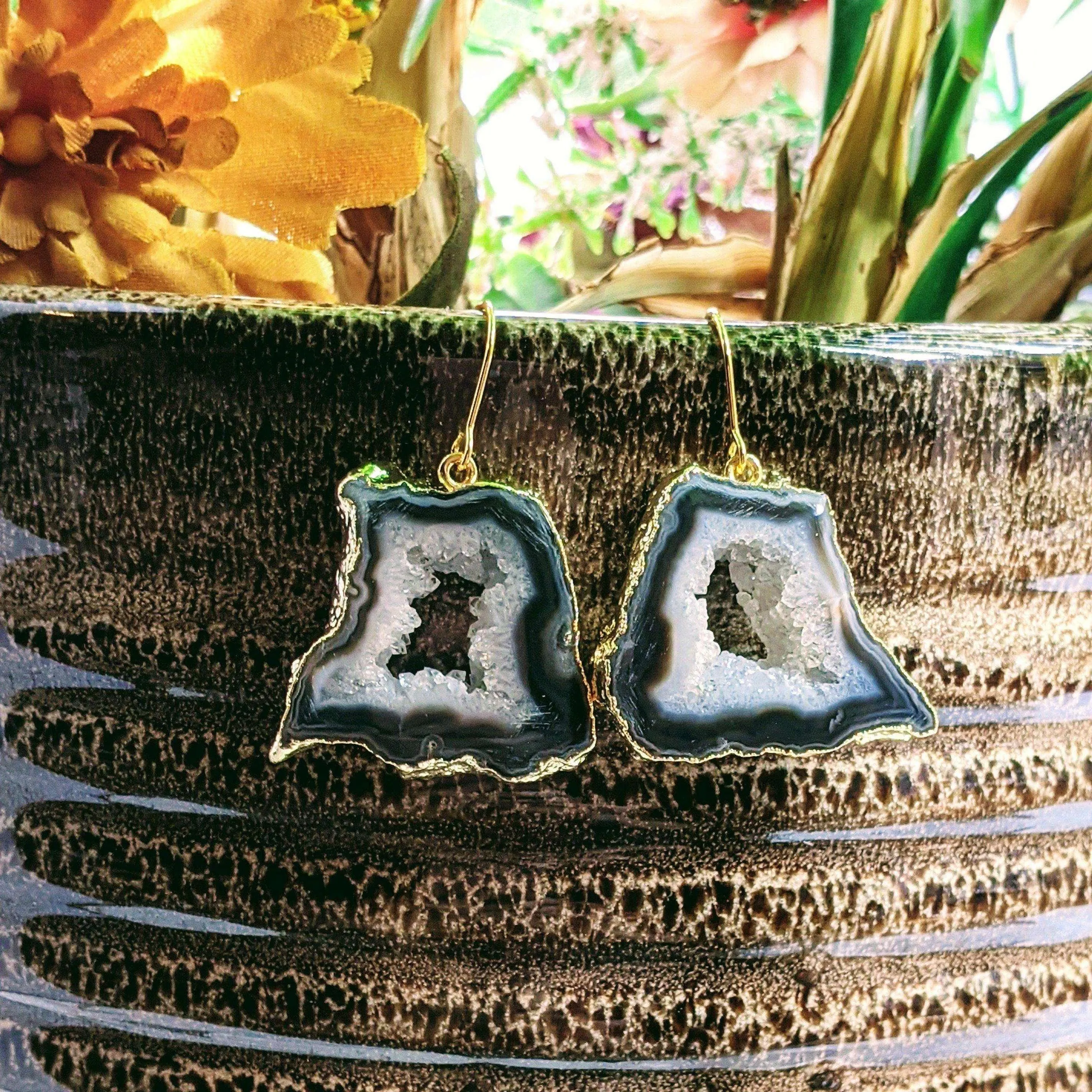 Black Agate Geode Slice Earrings-Gold