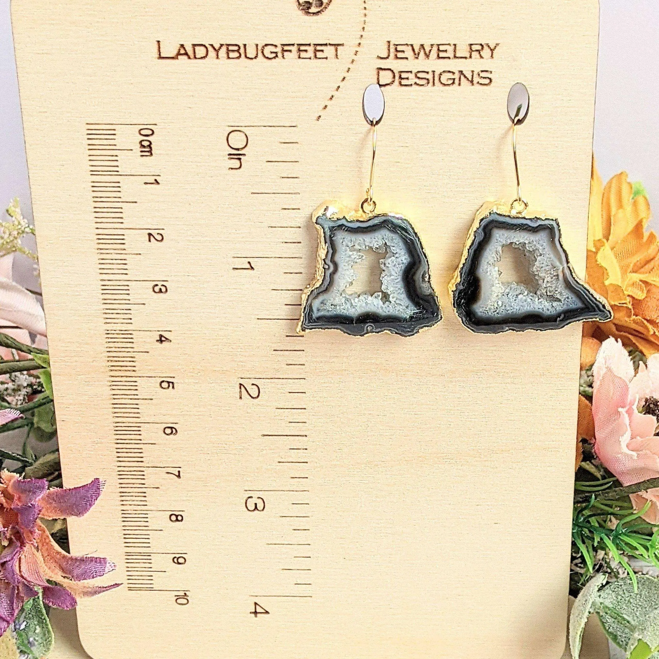 Black Agate Geode Slice Earrings-Gold