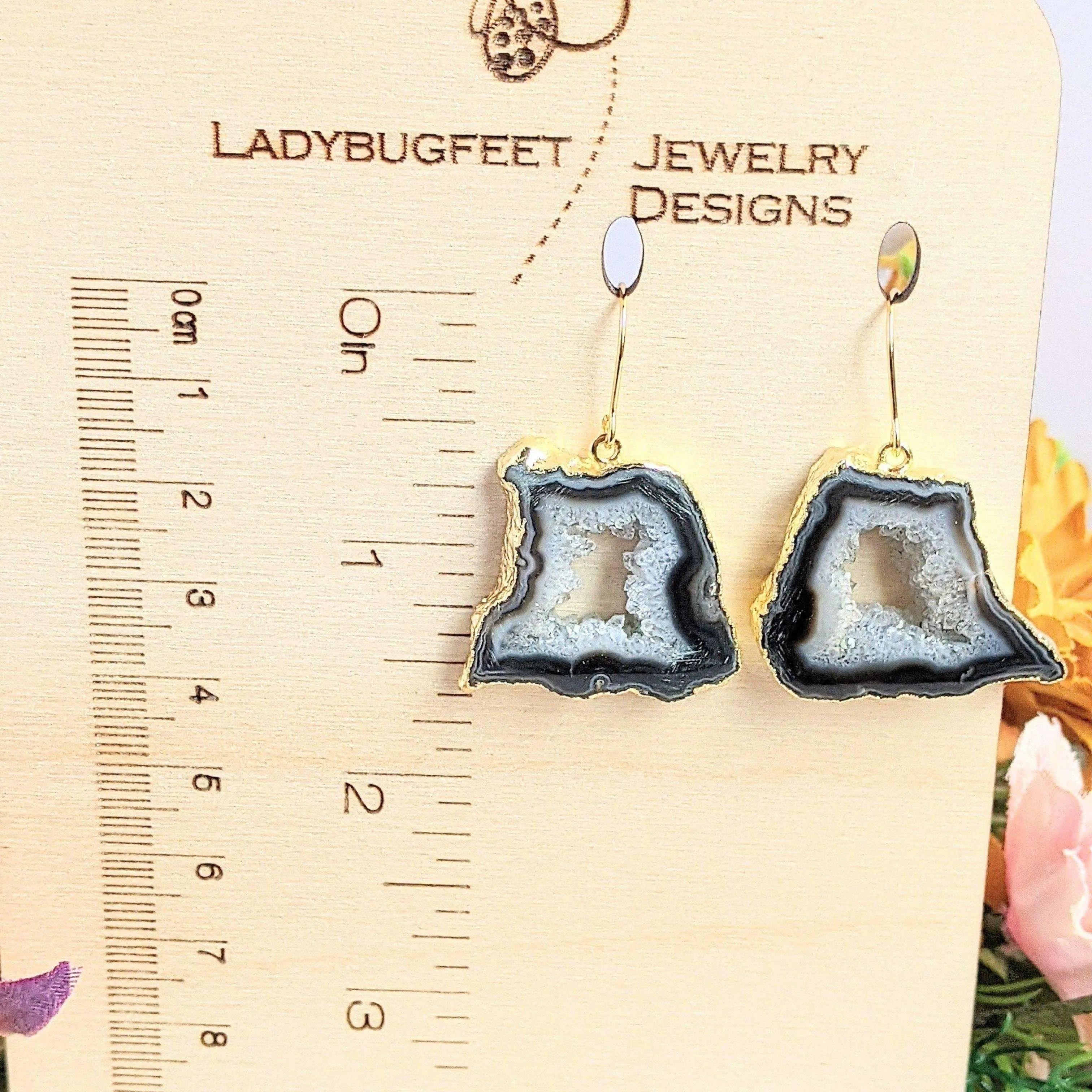 Black Agate Geode Slice Earrings-Gold