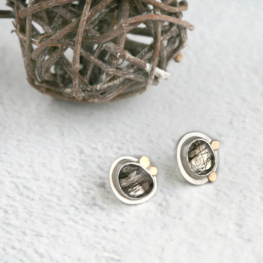 Black Tourmalinated Quartz Post Earrings in Sterling Silver and 18k Gold - ROSIE #1