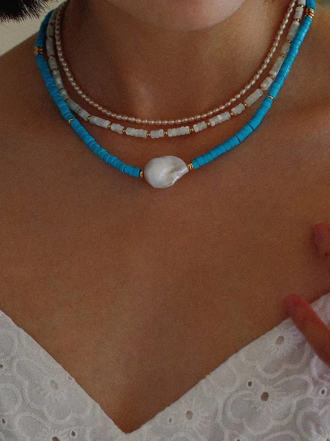 Blue Colored Stone Baroque Pearl Necklace