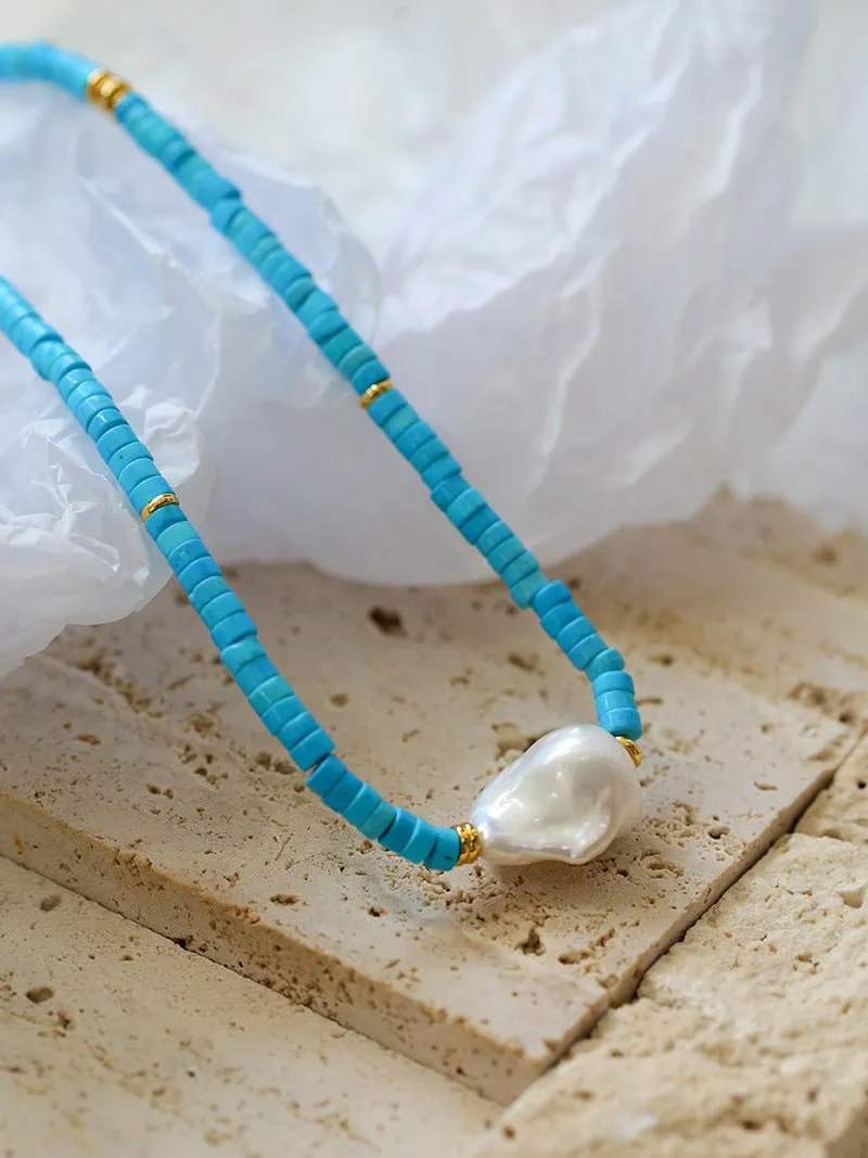 Blue Colored Stone Baroque Pearl Necklace