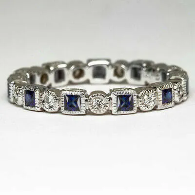 BLUE SAPPHIRE 0.6ct BAND DIAMOND VINTAGE RING ETERNITY BAGUETTE WEDDING COCKTAIL