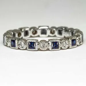 BLUE SAPPHIRE 0.6ct BAND DIAMOND VINTAGE RING ETERNITY BAGUETTE WEDDING COCKTAIL