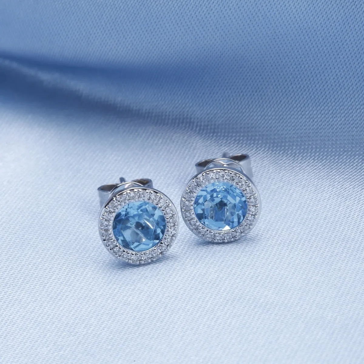 Blue Topaz & Diamond Halo 14K Yellow Gold Martini Stud Earrings