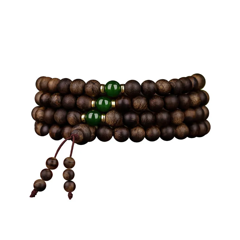 Buddha Stones 108 Mala Beads Indonesia Tarakan Rare Agarwood Cyan Jade Ward Off Evil Spirits Bracelet