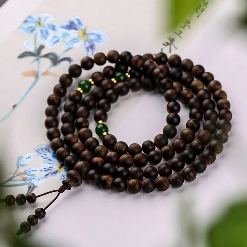 Buddha Stones 108 Mala Beads Indonesia Tarakan Rare Agarwood Cyan Jade Ward Off Evil Spirits Bracelet