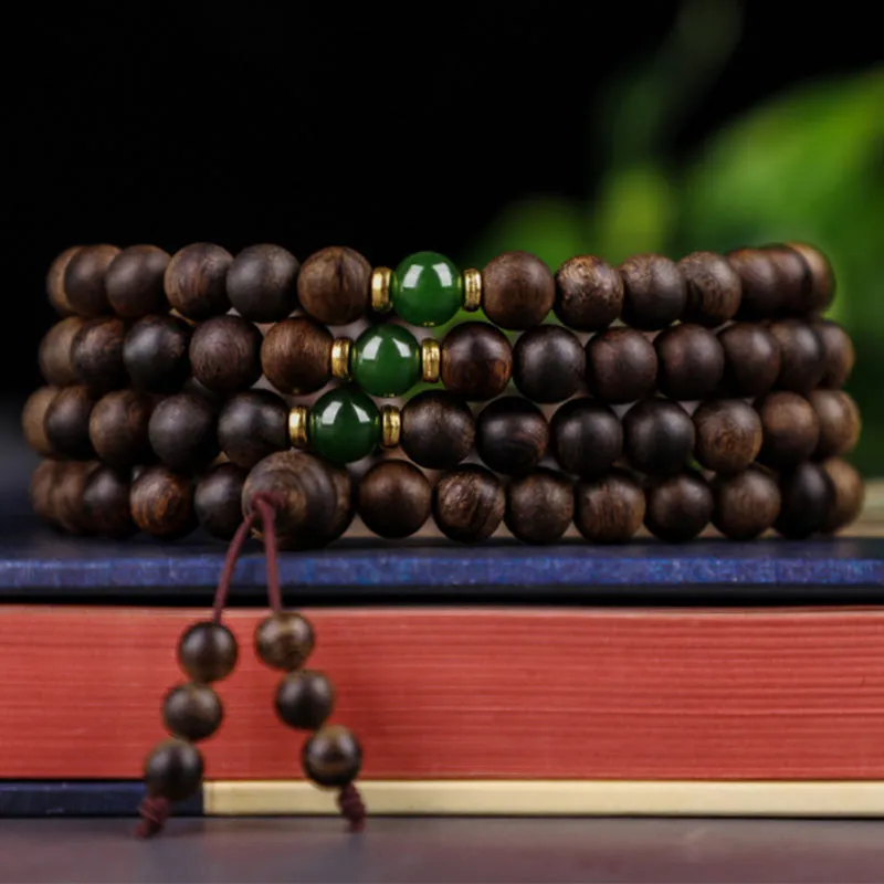 Buddha Stones 108 Mala Beads Indonesia Tarakan Rare Agarwood Cyan Jade Ward Off Evil Spirits Bracelet