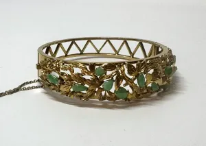 Chinese Bangle Bracelet. 14k Yellow Gold and Jade. Leaf Design.