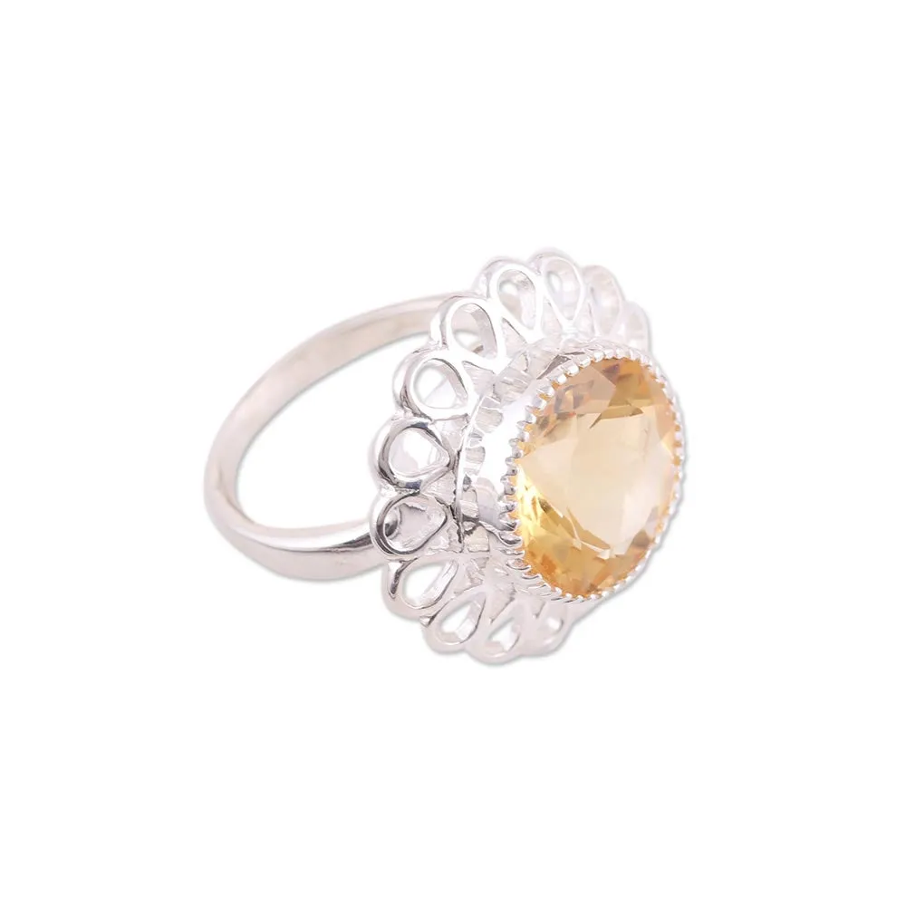 Citrine and Sterling Silver Floral Cocktail Ring from India - Golden Floret | NOVICA