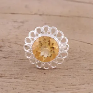 Citrine and Sterling Silver Floral Cocktail Ring from India - Golden Floret | NOVICA