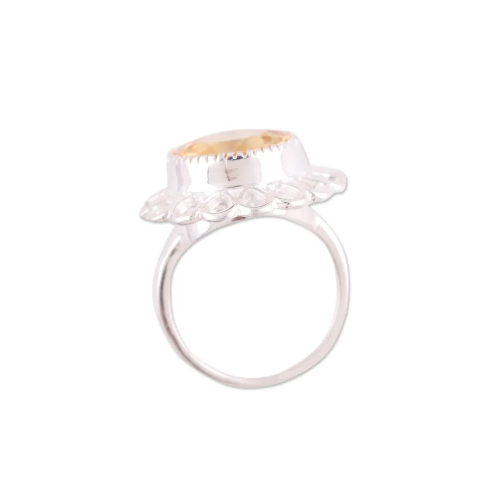 Citrine and Sterling Silver Floral Cocktail Ring from India - Golden Floret | NOVICA