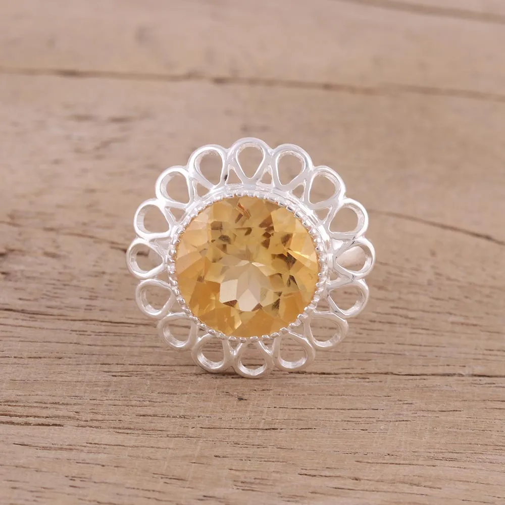 Citrine and Sterling Silver Floral Cocktail Ring from India - Golden Floret | NOVICA