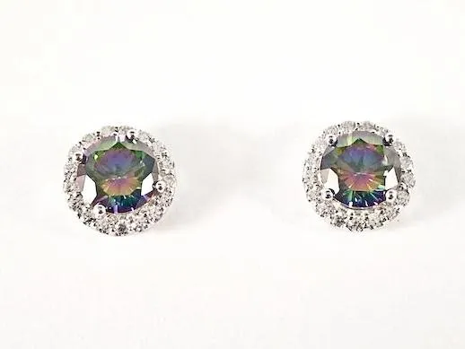 Classic Round Shape Halo Design Center Mystic Topaz CZ Stud Silver Earrings