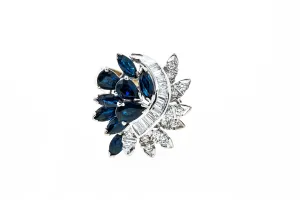 Classic Sapphire & Diamond Cluster Cocktail 14K 585 White Gold Ring Size 7 1/4