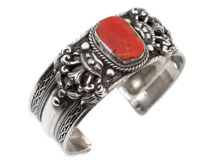 Coral Tibetan Sterling Silver Cuff Bracelet