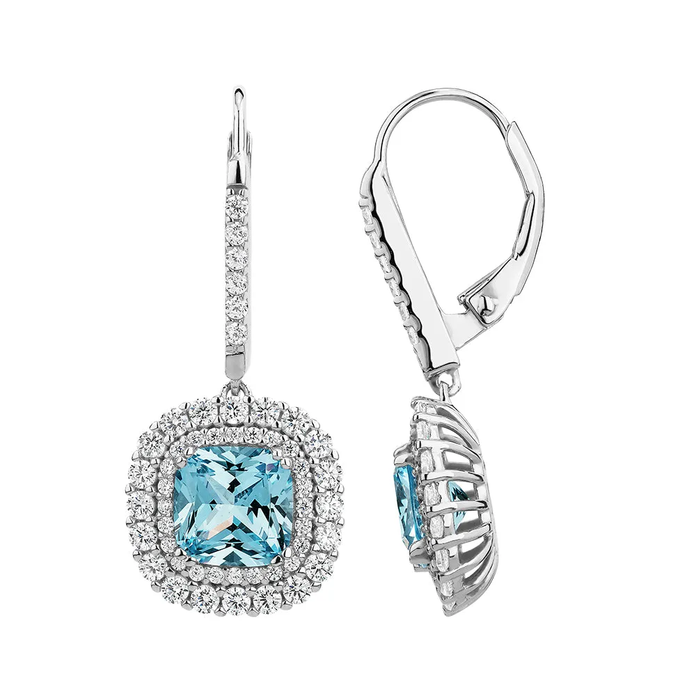 Cushion and Round Brilliant drop earrings with blue topaz simulants and 1.16 carats* of diamond simulants in sterling silver