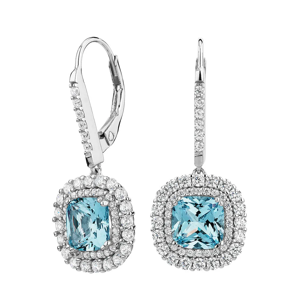 Cushion and Round Brilliant drop earrings with blue topaz simulants and 1.16 carats* of diamond simulants in sterling silver