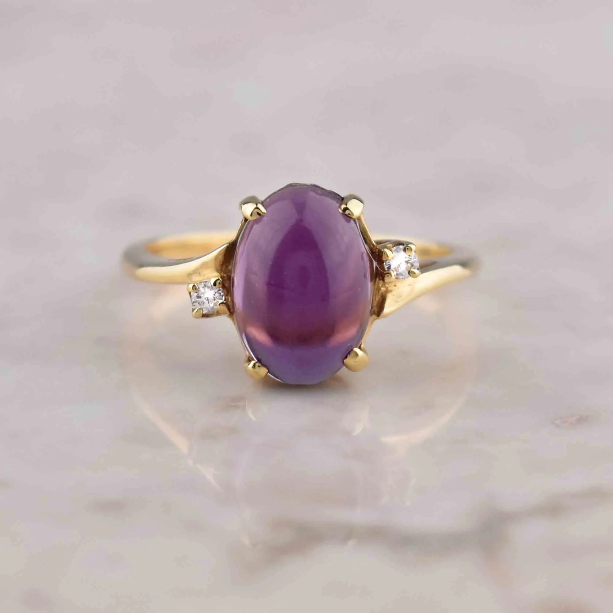 Diamond Accent Amethyst Cabochon Ring 14K Gold