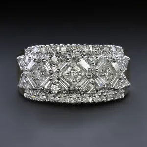 DIAMOND COCKTAIL RING WIDE CLUSTER BAND 3/4ct 14k TWO TONE GOLD ROUND BAGUETTE