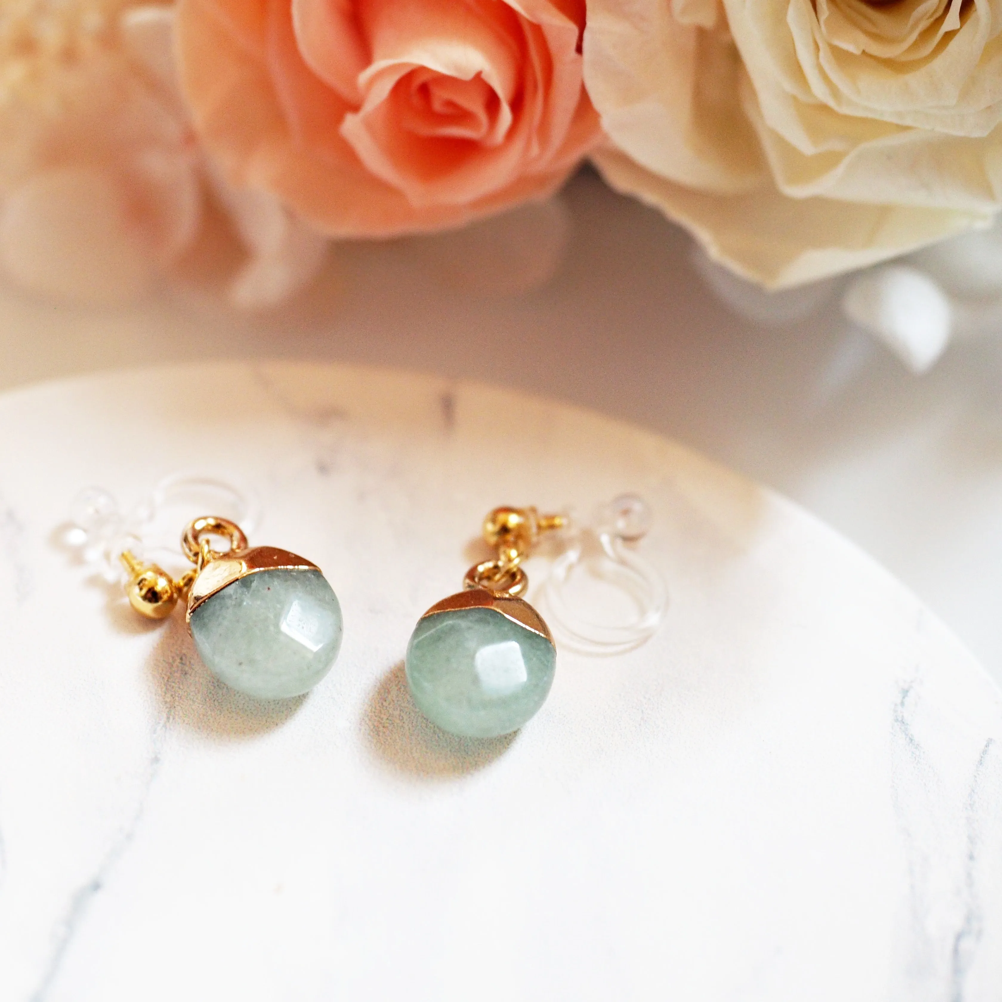 Drop Green Aventurine Invisible Clip On Earrings