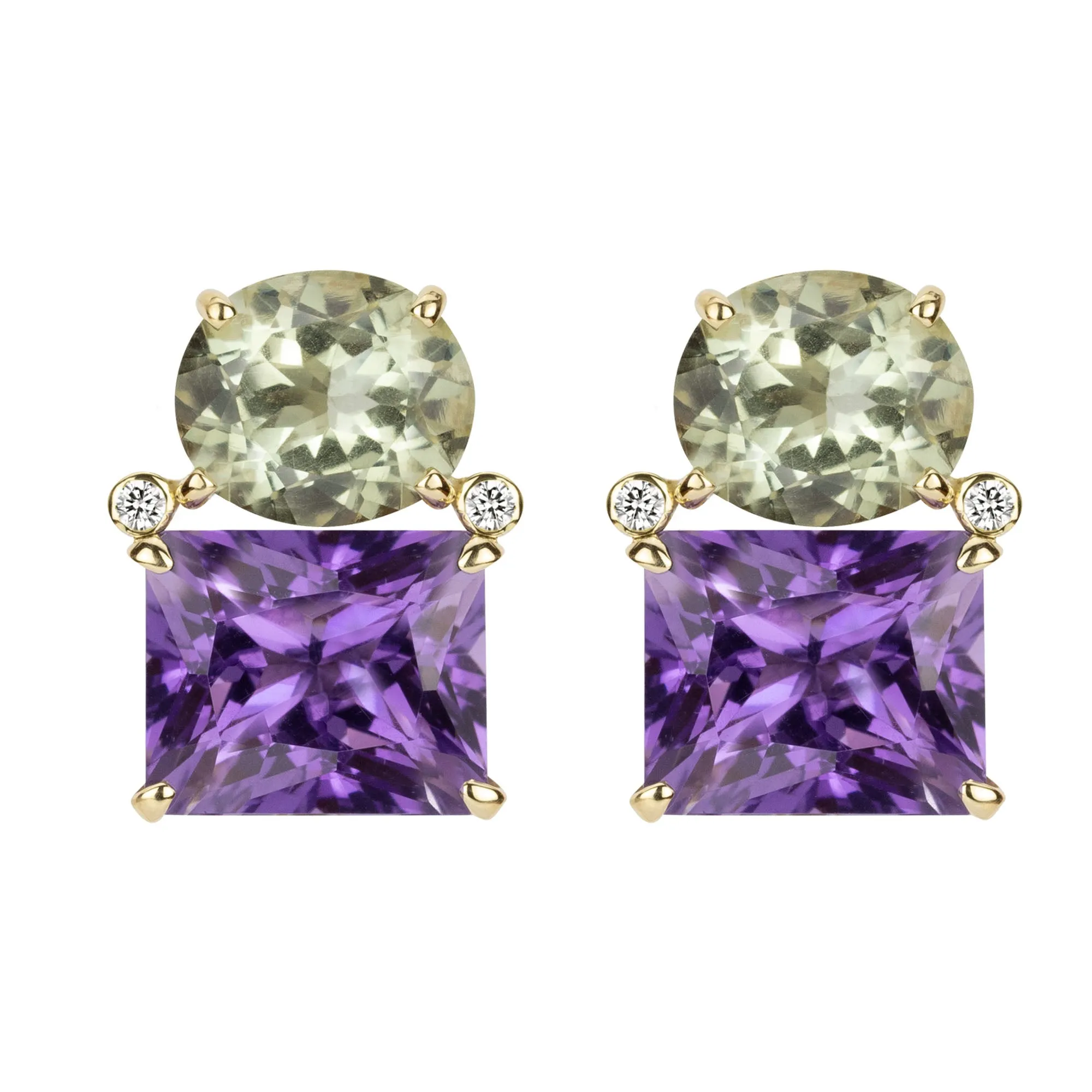 Earrings - Green Quartz, Amethyst And Diamond